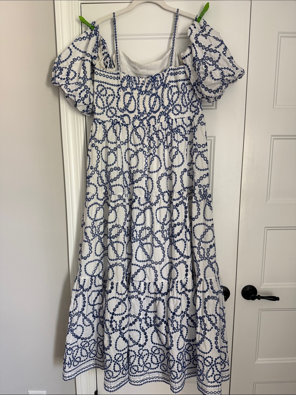 Anthropologie White Maxi Dress with Blue embroidered eyelet design. - Picture 3 of 4